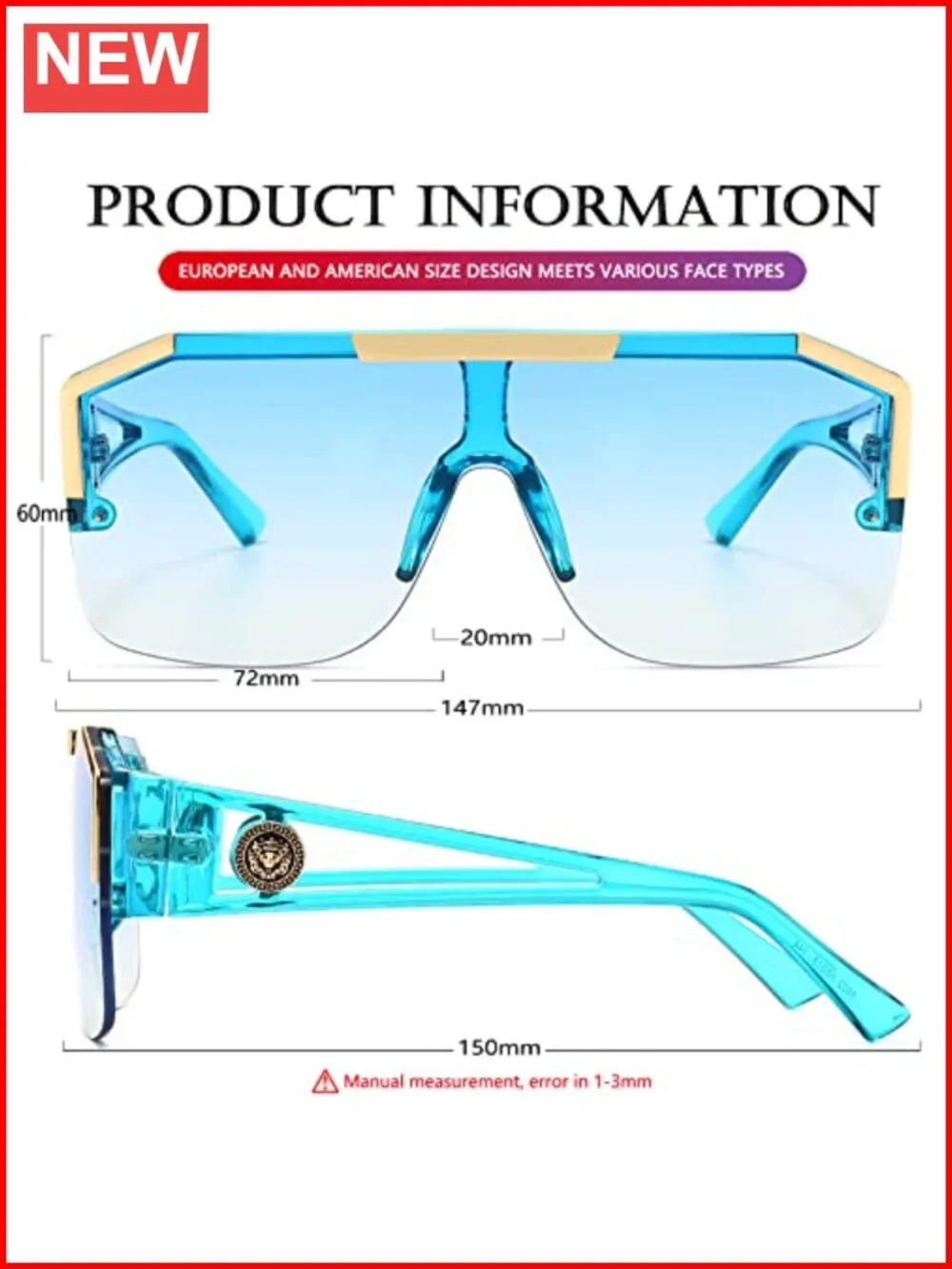Oversized Square Sunglasses Unisex Metal Frame Shield Lens Retro Shades
